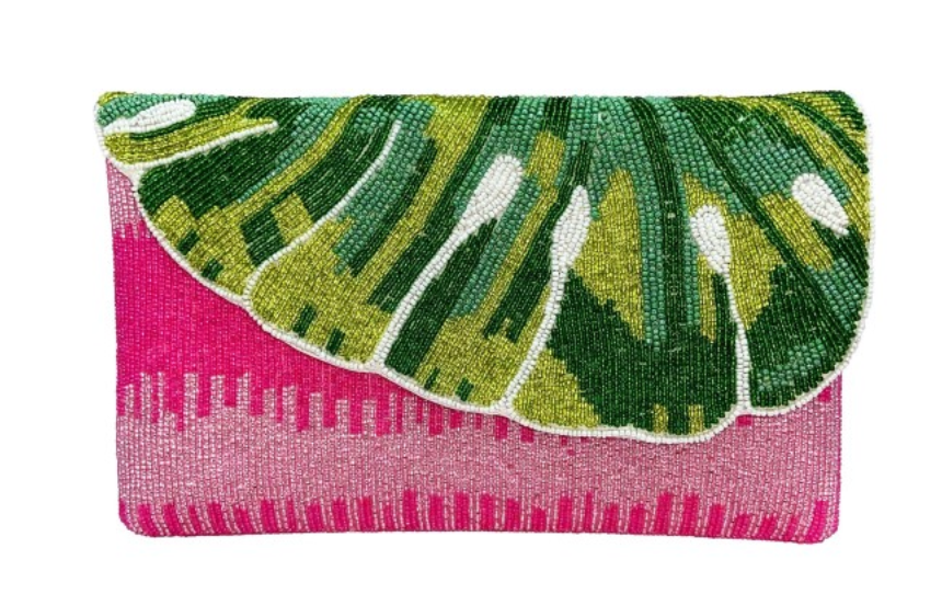 Pink Palms Beaded Clutch