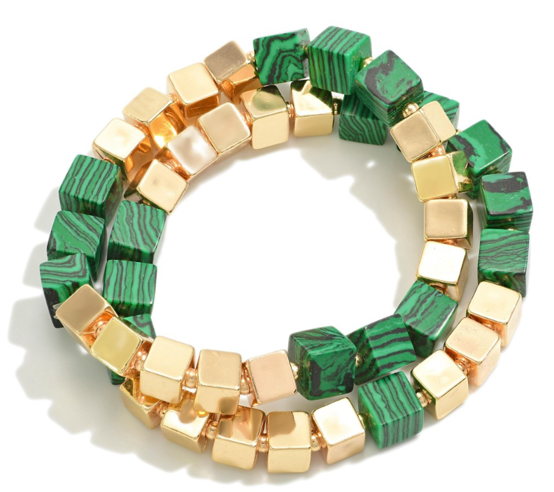 Green and Gold Square Beaded Bracelet