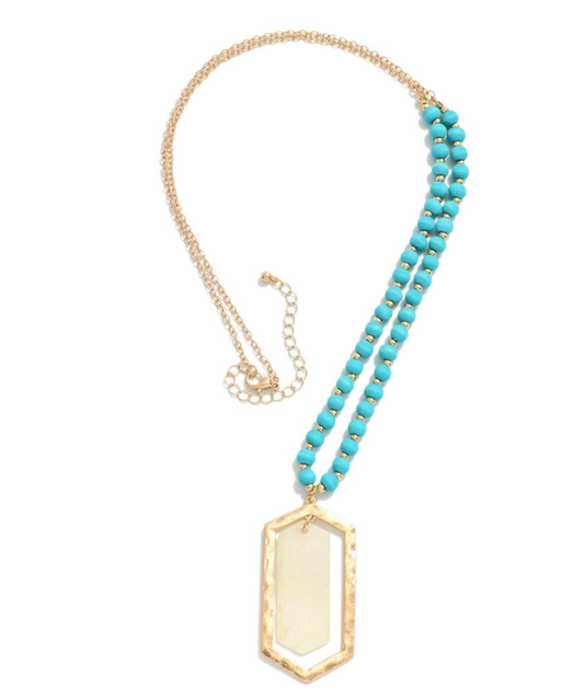 Teal and Gold Beaded Pendant Necklace