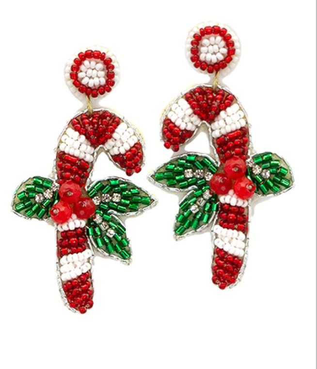 Candy Cane Beaded Holiday Earrings