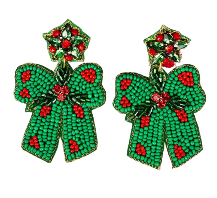 Green and Red Mistletoe Bows Beaded Holiday Earrings