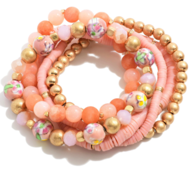 Floral Beaded Bracelet Set with Gold and Heishi accents