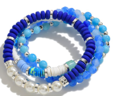 Blue and White Beaded Bracelet Stack
