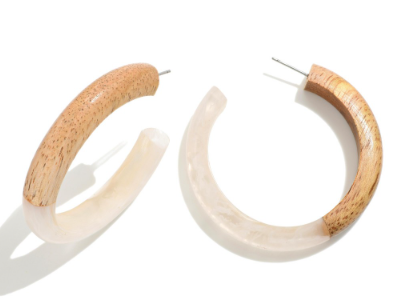 White and Wood Hoop Earrings