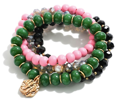 Green and Pink Wood Beaded Bracelet Stack