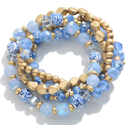 Blue and Gold Chinoiserie Bead Bracelet Stack