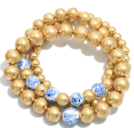 Gold and Chinoiserie Beaded Bracelet Set