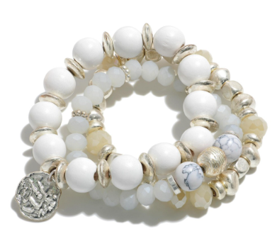 White and Silver Bracelet Stack with Hammered Silver Medallion