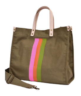 Canvas Stripe Tote with Genuine Leather Handle