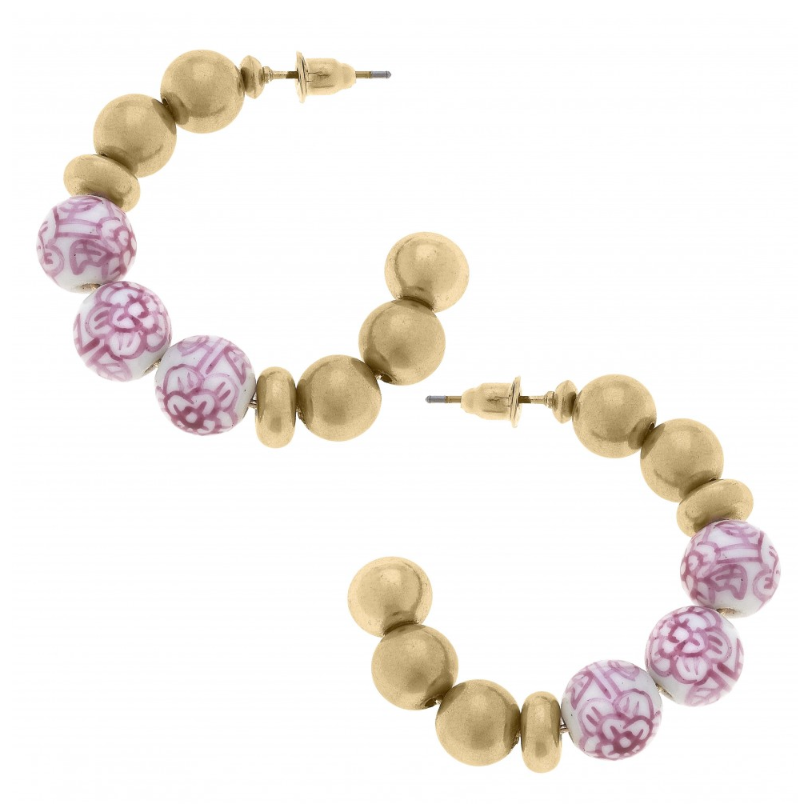 Pink Chinoiserie and Gold Bead Earrings