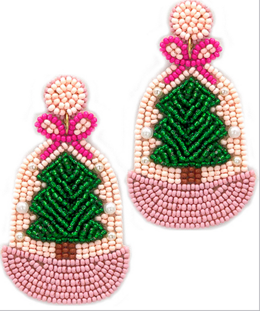 Pink Christmas Beaded Statement Earrings